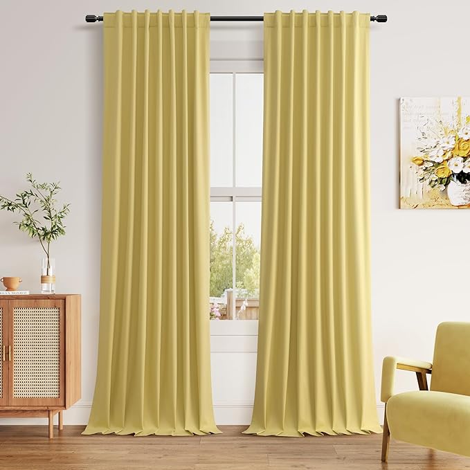 Guken Yellow 100% Blackout Curtains 102 Inch Length 2 Panels Set for Living Room Bedroom Back Tab Thermal Insulated Black Out Linen Drapes Room Darkening Window Curtains, 52x102