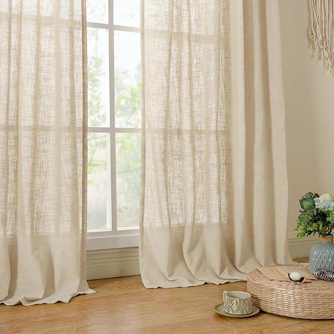 LAMIT Extra Wide Linen Curtains for Bedroom, Light Filtering Faux Linen Textured Panels Semi Sheer Back Tab and Rod Pocket Boho Drapes for Living Room, 2 Panels, Linen, 70 x 84 Inch