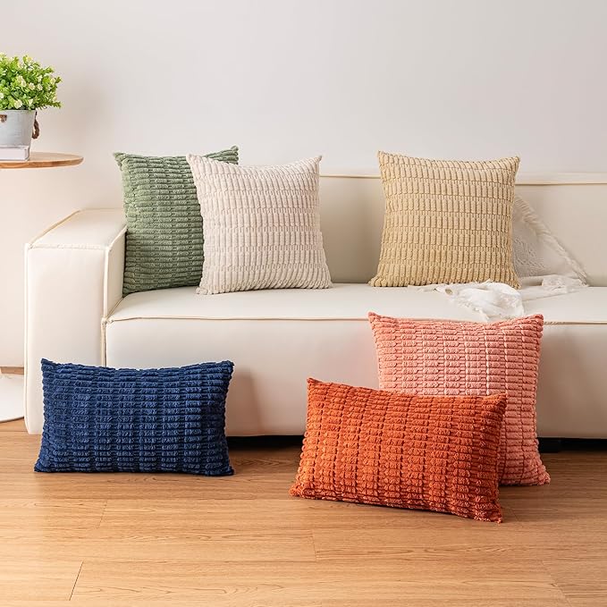 Pack of 2 Corduroy Decorative Throw Pillow Covers 16x16 Inch Soft Striped Pillow Covers Modern Farmhouse Home Decor for Sofa Living Room Couch Bed（Dark Brown）