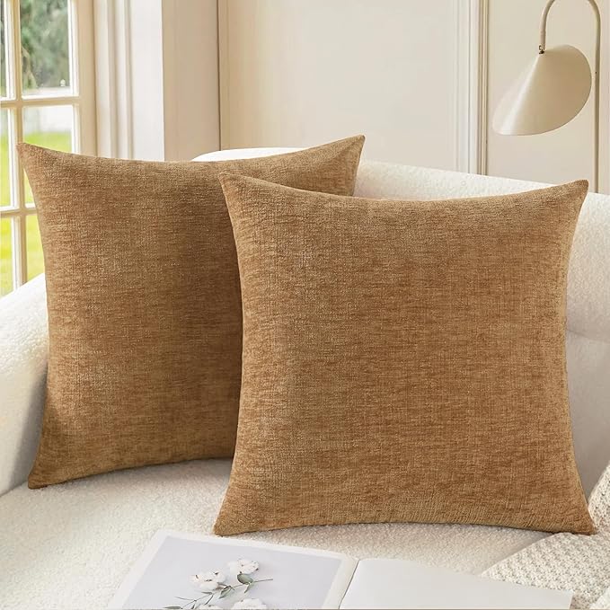 CaliTime Throw Pillow Covers Decorative 26 X 26 Inches Pack of 2 Cozy Chenille Cushion Cases for Couch Sofa Bed Living Room Home Apricot Brown