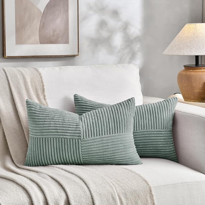 Fancy Homi 2 Packs Grey Blue Lumbar Decorative Throw Pillow Covers 16x28 Inch for Living Room Couch Bed, Rustic Farmhouse Boho Home Decor, Soft Striped Corduroy Rectangle Accent Cushion Case 40x70 cm