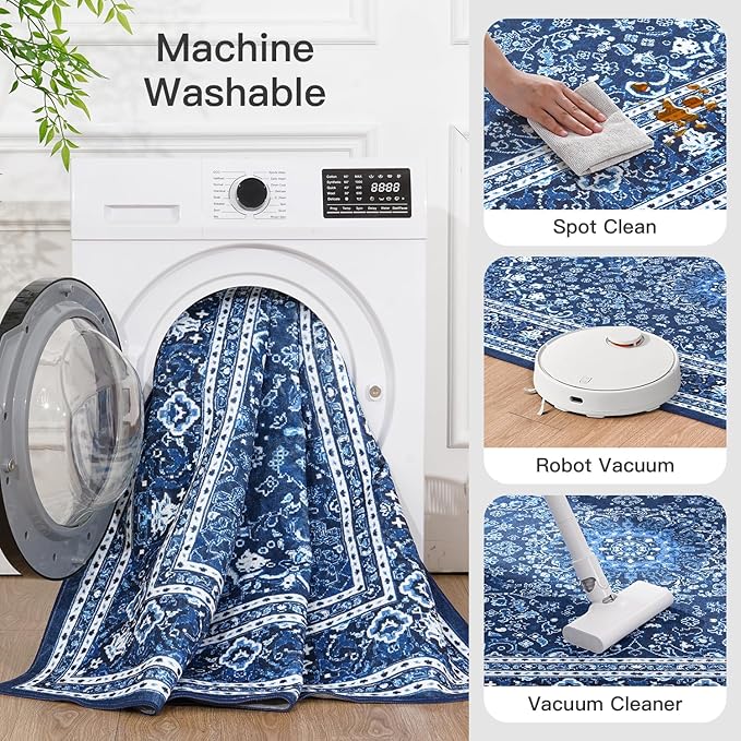 Lofus 6x9 Area Rugs for Living Room, Machine Washable Non-Slip Area Rug, Low Pile Large Rugs for Bedroom, Kitchen, Dining Room, Home Office, Vintage Oriental Print Rug, Dark Blue with White