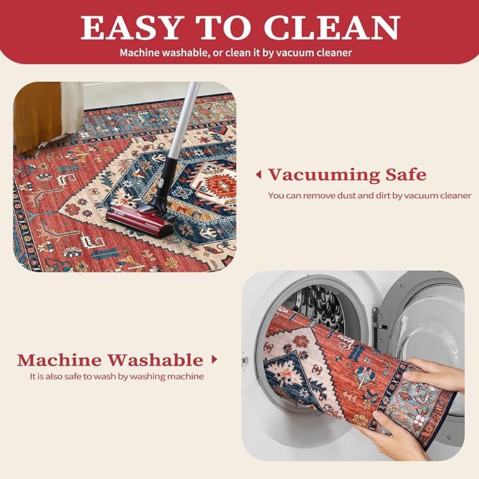 SERISSA 7x9 Area Rugs for Living Room, Large Washable Non-Slip Boho Rug, Ultra Soft Vintage Rust Oriental Tribal Print Distressed Carpet for Dining Room Bedroom Dorm Office Home Decor