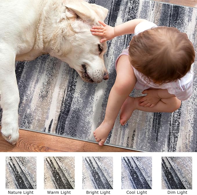 Lansny Modern Abstract Small Area Rug Indoor 3x5 Washable Rug Non-Slip Soft Entryway Rug Grey Black Multi Kitchen Mats Thin Print Faux Wool Floor Carpet Throw Rugs for Entrance Bedroom Home Decor