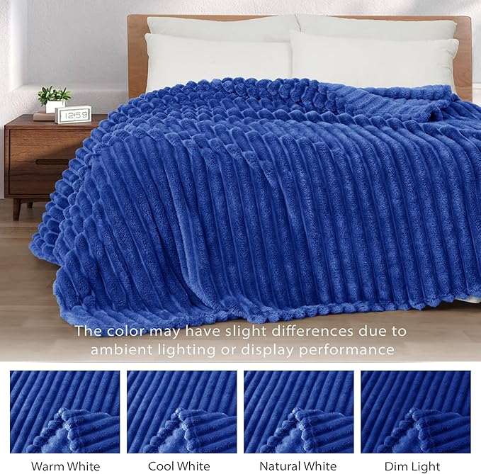 Exclusivo Mezcla Queen Size Flannel Fleece Blanket, Super Soft Striped Jacquard Bed Blanket, Lightweight Fuzzy Cozy for All Seasons, 90x90 Inches, Cobalt Blue