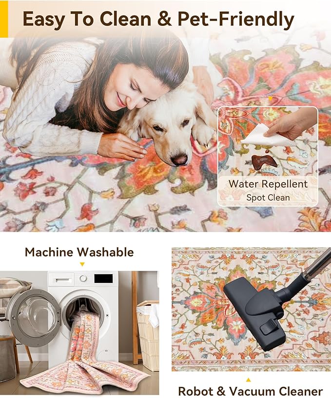 Area Rugs 2'x6' Runner Rug Non Slip Washable for Kitchen Hallway Bedroom Beside Laundry Room Bathroom Rug, Floor Carpet, Light Pink Colorful