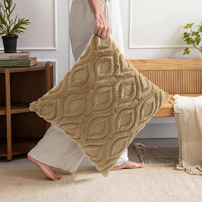 decorUhome Throw Pillow Covers 18x18 Inch Set of 2, Soft Plush Faux Wool Khaki Solid Couch Pillow Covers, Accent Farmhouse Neutral Square Pillow Cases for Sofa Bed Living Room