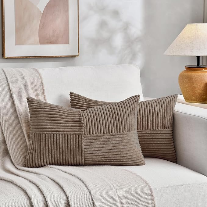 Fancy Homi Set of 2, Light Brown Patchwork Corduroy Decorative Soft Striped Modern Accent Cushion Case Farmhouse Boho Neutral Throw Pillow Covers for Chair Couch Bed Sofa Living Room 24x16 Inch