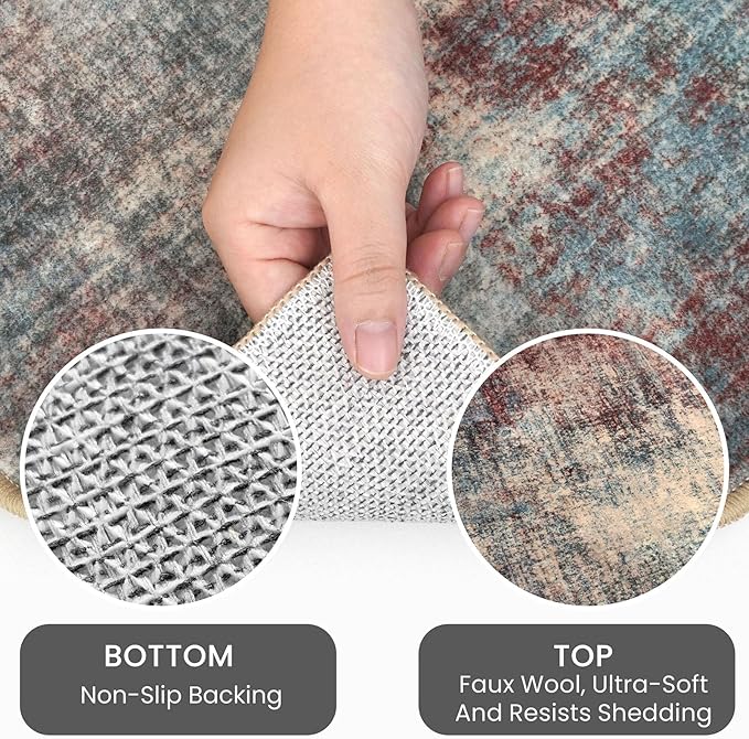 IOHOUZE Round Area Rug 3 Ft Circle Entryway Rugs Round Washable Door Mat Indoor Entrance, Non Slip Circle Front Door Rug, Printed Abstract Faux Wool Floor Carpet for Foyer Porch Sink, Red/Multi