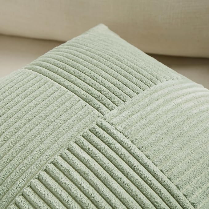 Fancy Homi 2 Packs Sage Green Long Lumbar Decorative Throw Pillow Covers 16x24 Inch for Couch Bed Sofa, Rustic Farmhouse Boho Home Decor, Soft Striped Corduroy Rectangle Accent Cushion Case 40x60 cm
