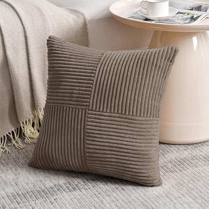 Fancy Homi Set of 2, Light Brown Patchwork Corduroy Decorative Soft Striped Modern Accent Cushion Case Farmhouse Boho Neutral Throw Pillow Covers for Chair Couch Bed Sofa Living Room 18x18 Inch