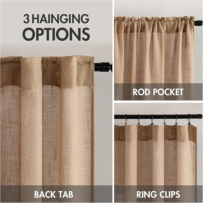 MIULEE Light Brown Linen Curtains 54 Inch Length 2 Panels for Bedroom Living Room, Soft Thick Linen Textured Natural Short Window Drapes Semi Sheer Light Filtering Back Tab Burlap Look Decor
