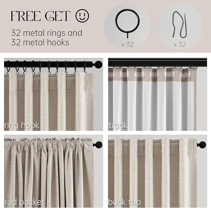 Topfinel 105 Inches Long Blackout Natural Linen Curtains for Bedroom, Rustic Brown Pinch Pleat Sound Blocking Curtains, Neutral Farmhouse Lined Drapes 2 Panels for Living Room Sliding Door