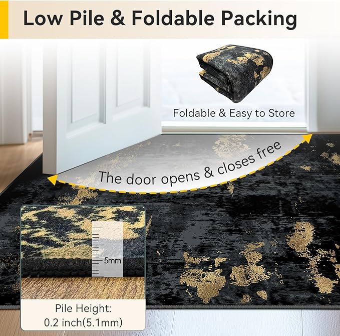 Washable Area Rugs 2'6''x10 Non-Slip Modern Abstract Soft for Living Room Entryway Bedroom Nursery, Print Pattern, Dark Black Gold