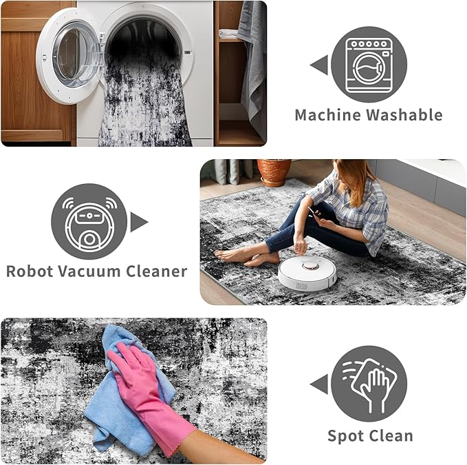 3x16 Washable Runner Rug for Hallway: Extra Long Runners for Entryway Living Room Dining Room - Stain and Water Resistant Rugs with Non-Slip Backing - Soft Low-Pile Carpet Black Grey