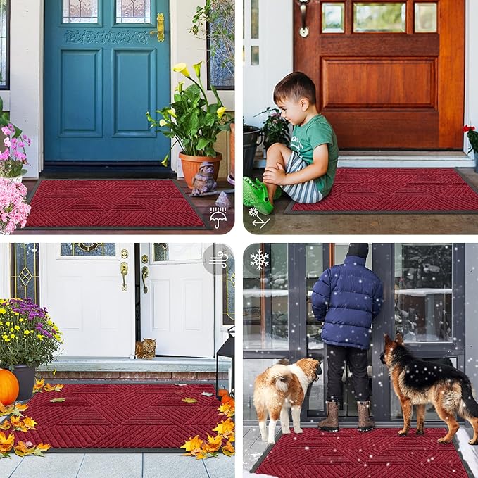 Smiry Front Door Mat Outside Entrance, Heavy Duty Sturdy Natural Rubber Doormat, Trap Dirt and Moisture, Easy Clean Low Profile Welcome Floor Mats for Indoor Outdoor Entry, 59x23 Inch, Wine Red