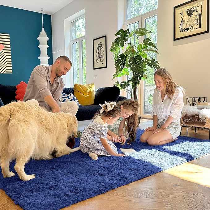 OLANLY 5x5 Area Rugs for Living Room Bedroom, Machine Washable Soft Fluffy Shaggy Bedside Rug, Indoor Floor Carpet for Kids Girls and Boys, Dorms, Nursery Rooms, Home Decor Aesthetic, Navy Blue