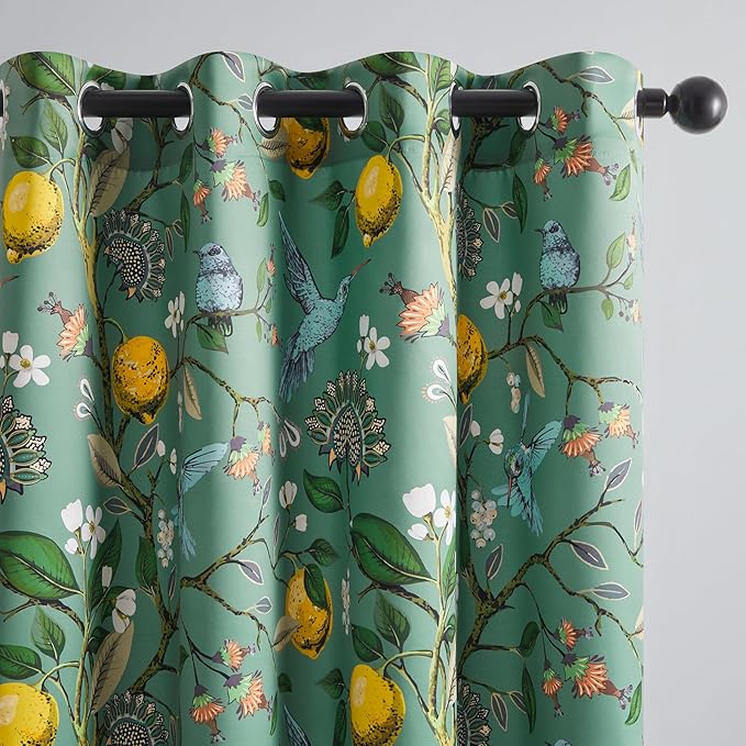 Topfinel Living Room Curtains 72 Inches Long Floral Spring Curtains, Vintage French Country Grommet Botanical Hummingbird Woodland Patterned Sage Green Lemon Drapes for Bedroom Dining Living Room
