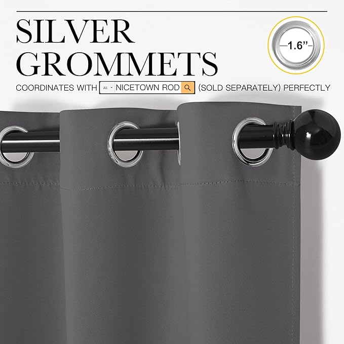 NICETOWN Blackout Curtains Panels for Living Room, 2 Panels, 66 x 70 Inch, Gray, 3 Pass Microfiber Noise Reducing Thermal Insulated Solid Ring Top Blackout Window Drapes