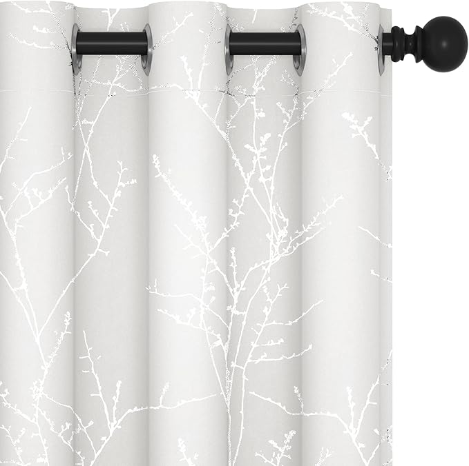 Deconovo White Curtains 72 Inches Long, Room Darkening Curtain, Thermal Insulated Soundproof Drapes, Silver Print, Grommet Top, Light Blocking Window Panels for Living Room Bedroom Nursery, Set of 2