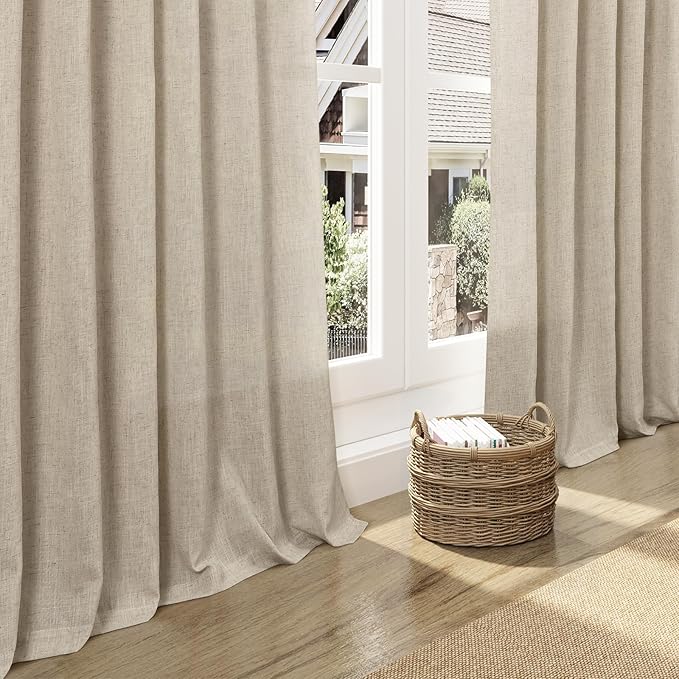 Taupe Burlywood Linen Curtains 132 Inch Length for Living Room Light Filtering Semi Sheer Curtain Back Tab Modern Farmhouse Decor Drapes Floor to Ceiling High Window for Bedroom 52x132, 2 Panels