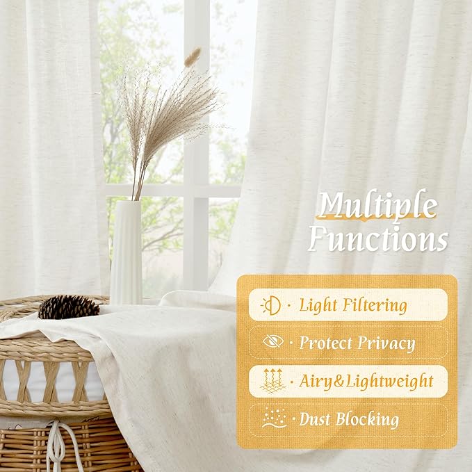 LAMIT Faux Linen Curtains 63 inches Long for Bedroom, Ivory Rod Pocket Linen Drapes Light Filtering Semi Sheer Privacy Curtains for Small Window/Farmhouse, 2 Panels (52 x 63 Inch, Natural)