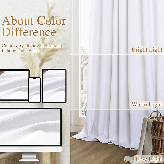 Guken White 100% Blackout Linen Curtains 70 Inch Wide by 96 Inch for Living Room Bedroom Back Tab Thermal Insulated Black Out 1 Drapes Room Darkening Window Curtains,1 Panel