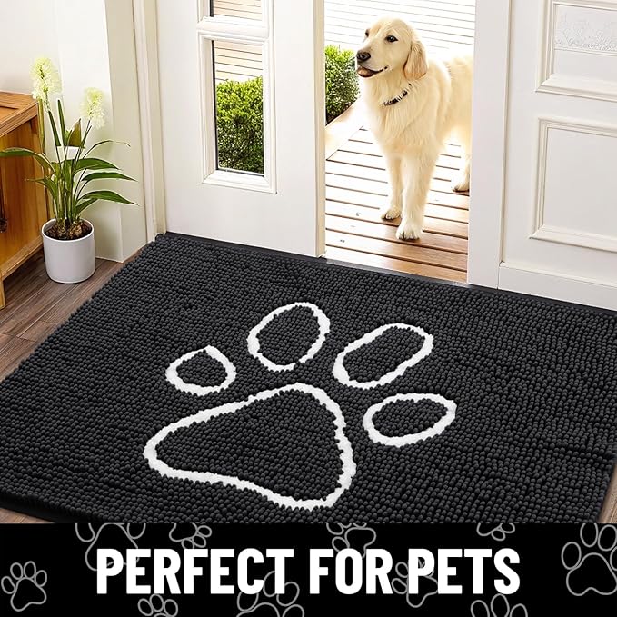 Smiry Dog Door Mat for Muddy Paws, Absorbent Dirt Trapper Non Slip Quick Dry Washable Chenille Mat for Mud Dogs, Entry Rug for Indoor and Outdoor (59x20 Inches, Black and White)