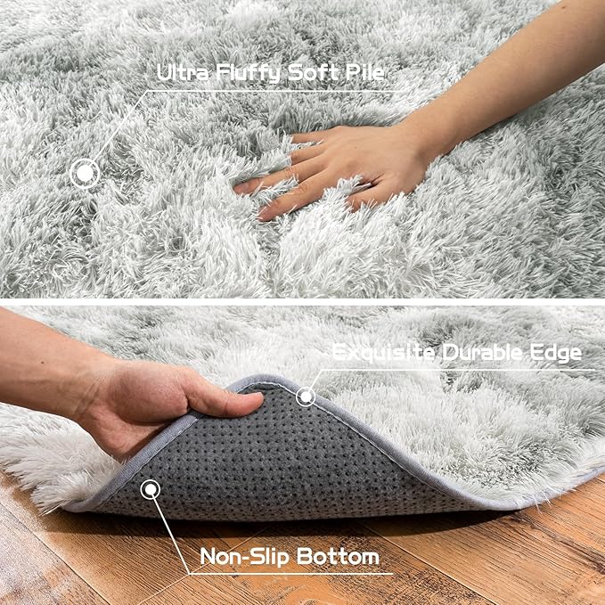 Pionblank Fluffy Area Rug for Bedroom 4x6 Feet, Indoor Plush Carpet, Shag Soft Bedside Rug, Cute Comfy Furry Rug for Living Room Dorm Girls Boys Room Nursery Decor, Tie Dye Grey