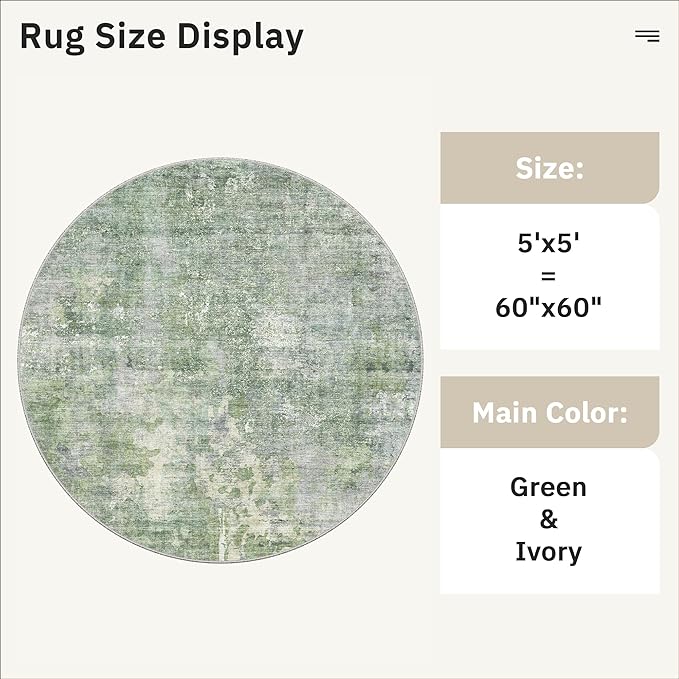 Soalmost 5x5 Green/Ivory Round Rug 5ft Living Room Circle Rug Vintage Round Area Rug Non Slip Indoor Carpet for Entryway Dining Room Bedroom