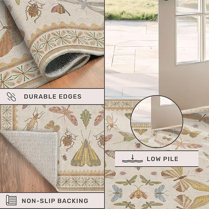 Hazo Haus Washable Neutral Area Rug Living Room, 5x8 Washable Rugs for Bedroom Under Bed, Nursery Room, Boho Vintage Insect Butterfly Non-Slip Low Pile Stain Resistant - Beige/Yellow