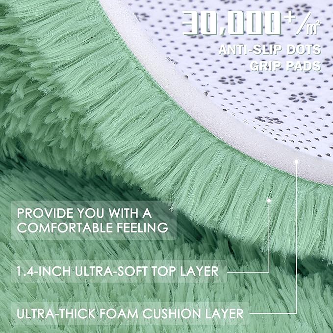 OLANLY Mint Green Round Rugs for Bedroom - Machine Washable, 3 ft Circle Area Rugs for Living Room, Soft and Fluffy Shaggy Carpet for Teen Girls and Boys, Nursery Rooms, Dorms, Home Decor Aesthetic