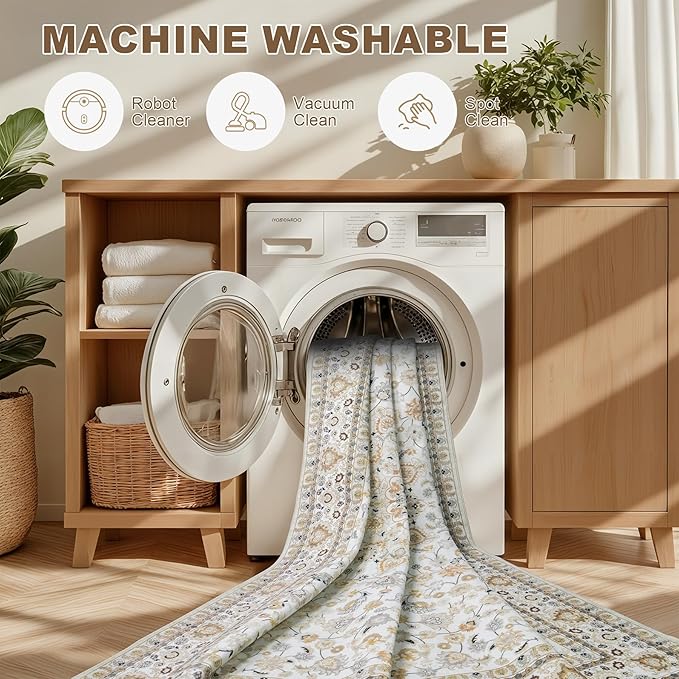 Hallway Runner Rug Non Slip - Washable 2.6x8 Kitchen Rugs for Living Room, Low-Pile Soft Bedroom Rug Indoor Floor Stain Resistant Carpets for Entryway, Laundry, Bathroom Beige