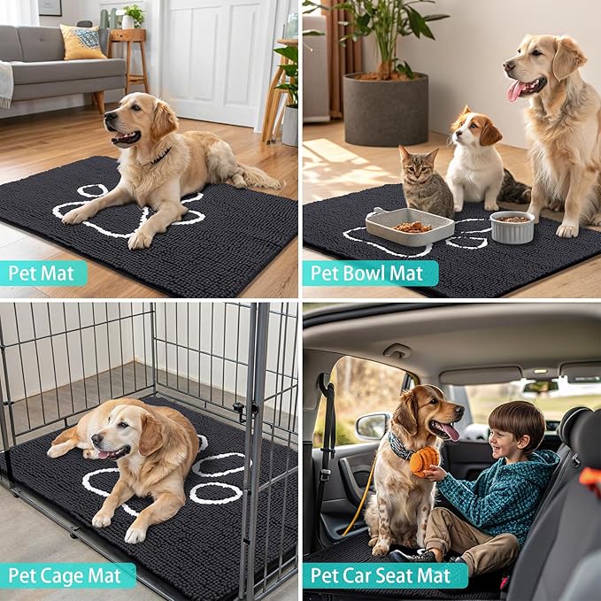 Smiry Dog Door Mat for Muddy Paws, Absorbent Dirt Trapper Non Slip Quick Dry Washable Chenille Mat for Mud Dogs, Entry Rug for Indoor and Outdoor (47x17 Inches, Black and White)