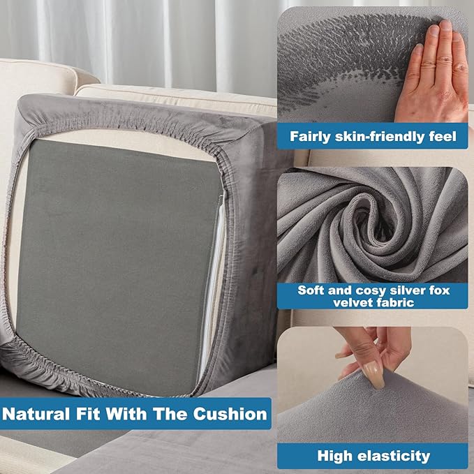 Couch Cover 8-Piece Elastic Velvet Couch Cushion Covers & Chaise Slipcovers for L-Shaped Sofas - Sofa Seat Covers Washable, Soft Protector for Couches (7 Seater + Chaise, Grey)