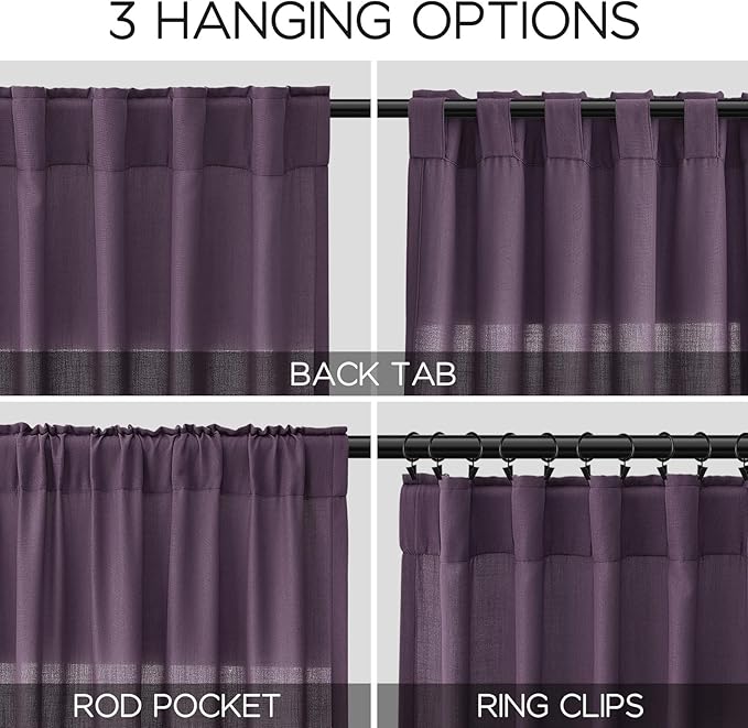 Plum Linen Curtains for Living Room 63 Inches Long 2 Panel Set Light Filtering Linen Drapes for Kitchen Windows Rod Pocket Back Tab Short See Through Curtain Country Farmhouse Decor 52x63