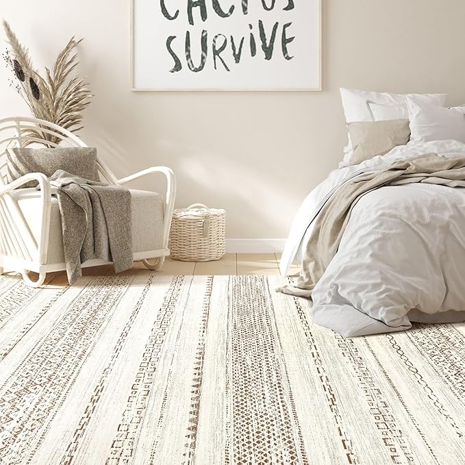 Nakagishi Area Rug Living Room Rugs: 3x5 Soft Machine Washable Boho Neutral Farmhouse Stain Resistant Moroccan Indoor Floor Carpet for Bedroom Nursery Kids Entryway Kitchen Entry Bedside Home- Brown