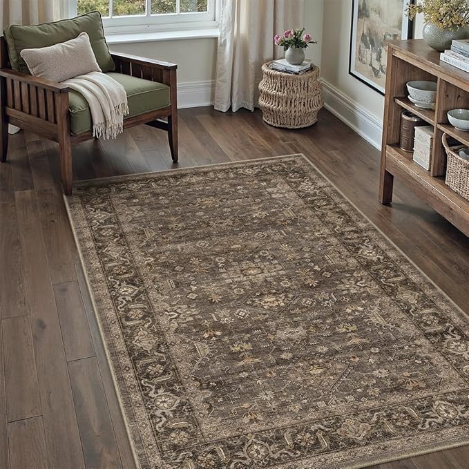 3x5 Washable Area Rug for Entryway Vintage Brown Non Slip Low Pile Carpet Traditional Retro Soft Throw Rug for Entrance Bathroom Door Mat Indoor Dorm Dining Room