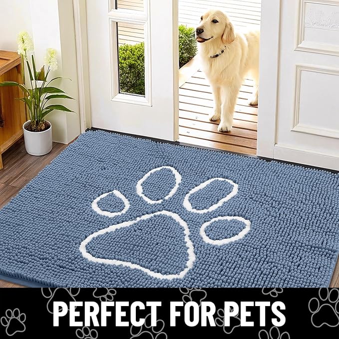Smiry Dog Door Mat for Muddy Paws, Absorbent Dirt Trapper Non Slip Quick Dry Washable Chenille Mat for Mud Dogs, Entry Rug for Indoor and Outdoor (47x32 Inches, Airy Blue and White)