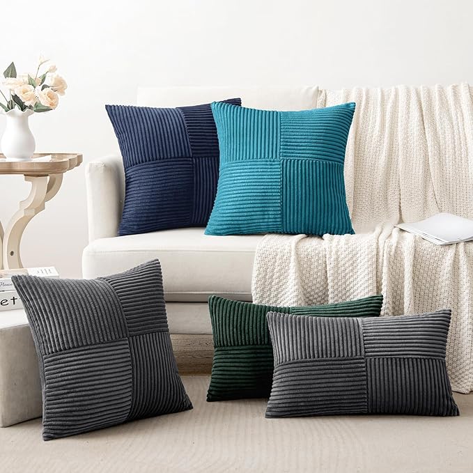 MIULEE Navy Blue Decorative Lumbar Throw Pillow Covers 12x20 Inch for Couch Bed Sofa Pack of 2 Boho Farmhouse Throw Pillows Soft Cross Corduroy Patchwork Textured Cushion Cases