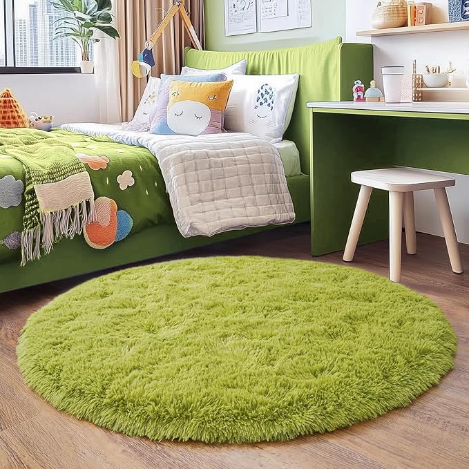 6‘x6’ Grass Green Round Rug for Bedroom, Ultra Soft Fluffy Circle Rug for Kids Girls Boys Room, Cute Shag Rugs for Living Room Playroom Tent Castle Home Decor Rug