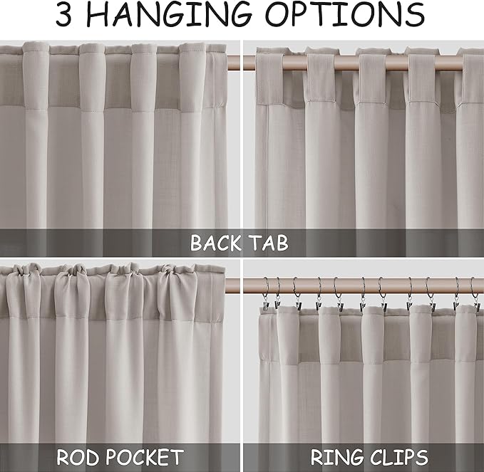 Stone Grey Linen Curtains 112 Inches Long for Living Room Simple Modern Light Filtering Semi Sheer Curtain Back Tab Rod Pocket Neutral Luxury Floor to Ceiling High Window for Bedroom 52x112, 2 Panels