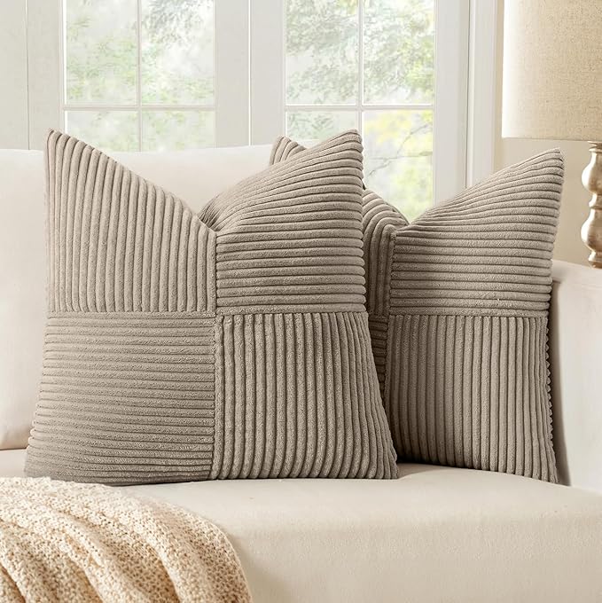 MIULEE Light Brown Decorative Throw Pillow Covers 16x16 Inch for Couch Bed Sofa Pack of 2 Boho Neutral Farmhouse Throw Pillows Soft Cross Corduroy Patchwork Textured Cushion Cases