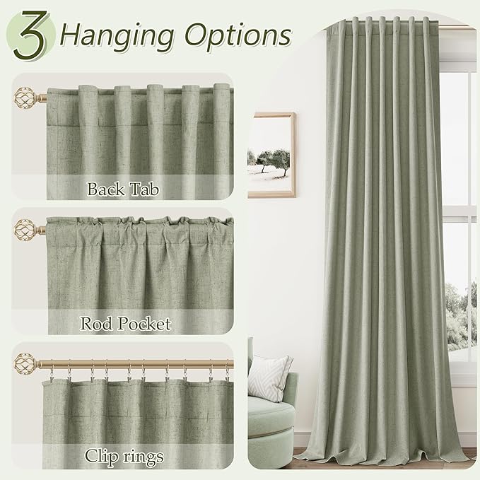 Sage Green 100% Blackout Linen Curtains 120 Inch Length 2 Panels Set for Living Room Bedroom Back Tab Thermal Insulated Black Out Drapes Room Darkening Farmhouse Style for Bedroom Window Curtains