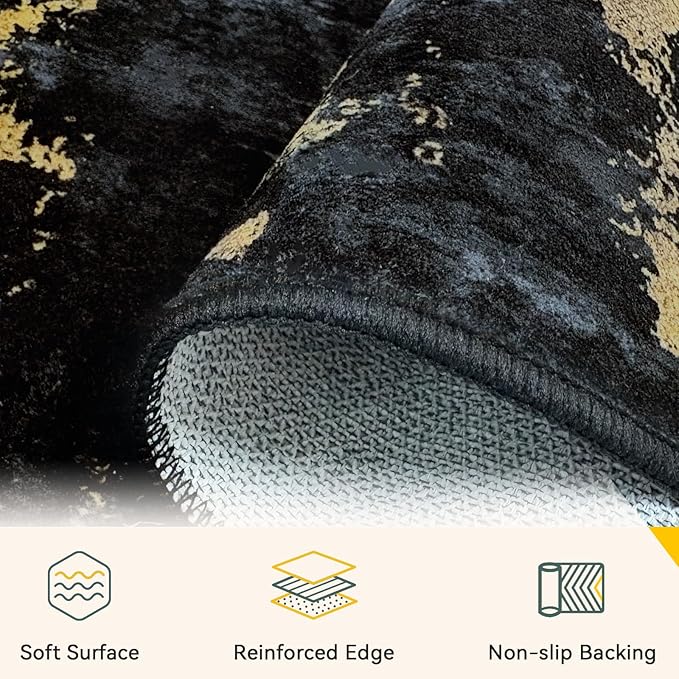 Washable Area Rugs 4ft Non-Slip Modern Abstract Soft for Living Room Entryway Bedroom Nursery, Print Pattern, Dark Black Gold