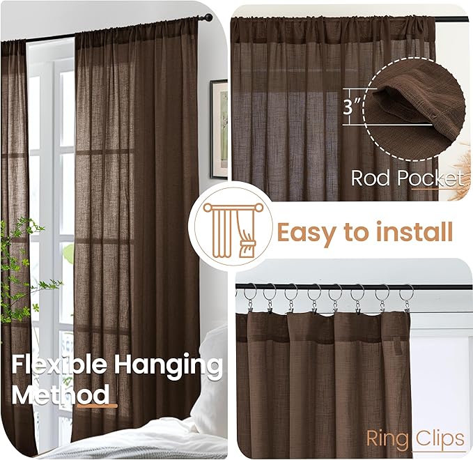 BGment Linen Curtains 40 Inch Length for Short Window, Brown Small Semi Drapes for Kitchen Cafe Over Sink Bathroom Decor Lightweight Rustic Country Textured Rod Pocket, 2 Panels Set, Each 42 Inch Wide