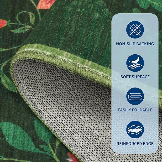 GarveeHome Washable Rug 4x6 Area Rugs for Living Room, Floral Rug for Bedroom, Soft Boho Non Slip Throw Rugs with Rubber Back, Low Pile Stain Resistant Vintage Floral Carpet for Dining Room, Green