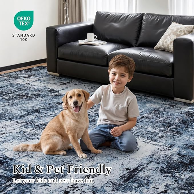 Rugflix 9x12 Area Rugs for Living Room, Washable Large Rug Stain-Resistant Low Pile, Modern Dark Carpet for Dining Room Home Office Kid Room Nursery Bedroom, Navy Blue/Black