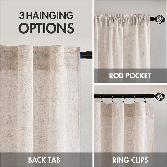 MIULEE Natural White Linen Curtains 54 Inch Length 2 Panels for Bedroom Living Room, Soft Thick Linen Textured Short Window Drapes Semi Sheer Light Filtering Back Tab Rod Pocket Burlap Look Decor