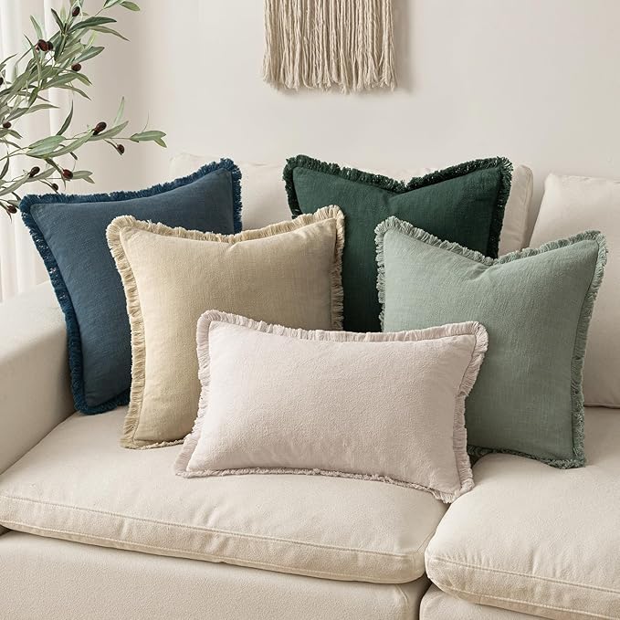 MIULEE Decorative Throw Pillow Covers Neutral Linen Fringe Throw Pillows Set of 2 Navy Blue Boho Farmhouse Cushion Covers with Tassels for Couch Sofa Bed Living Room Spring Home Decor 16x16 Inch